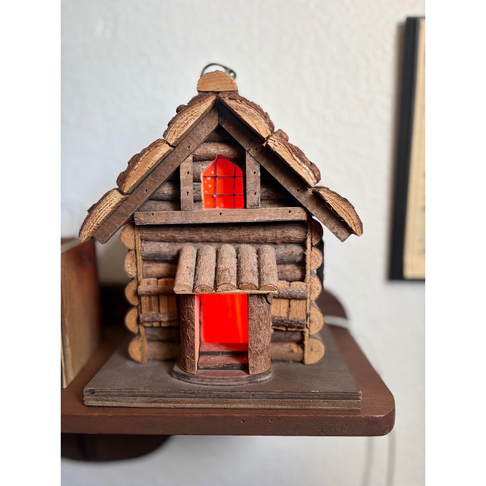 Vintage Rustic Wood Log Cabin Night Light Bark Texture Cabin Decor Red Glow